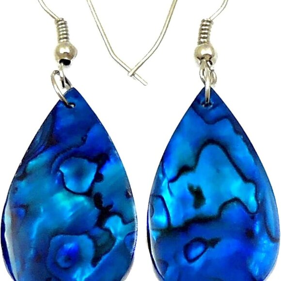 Blue Paua Abalone Shell Dangle Earrings for Women and Men - Picture 1 of 6